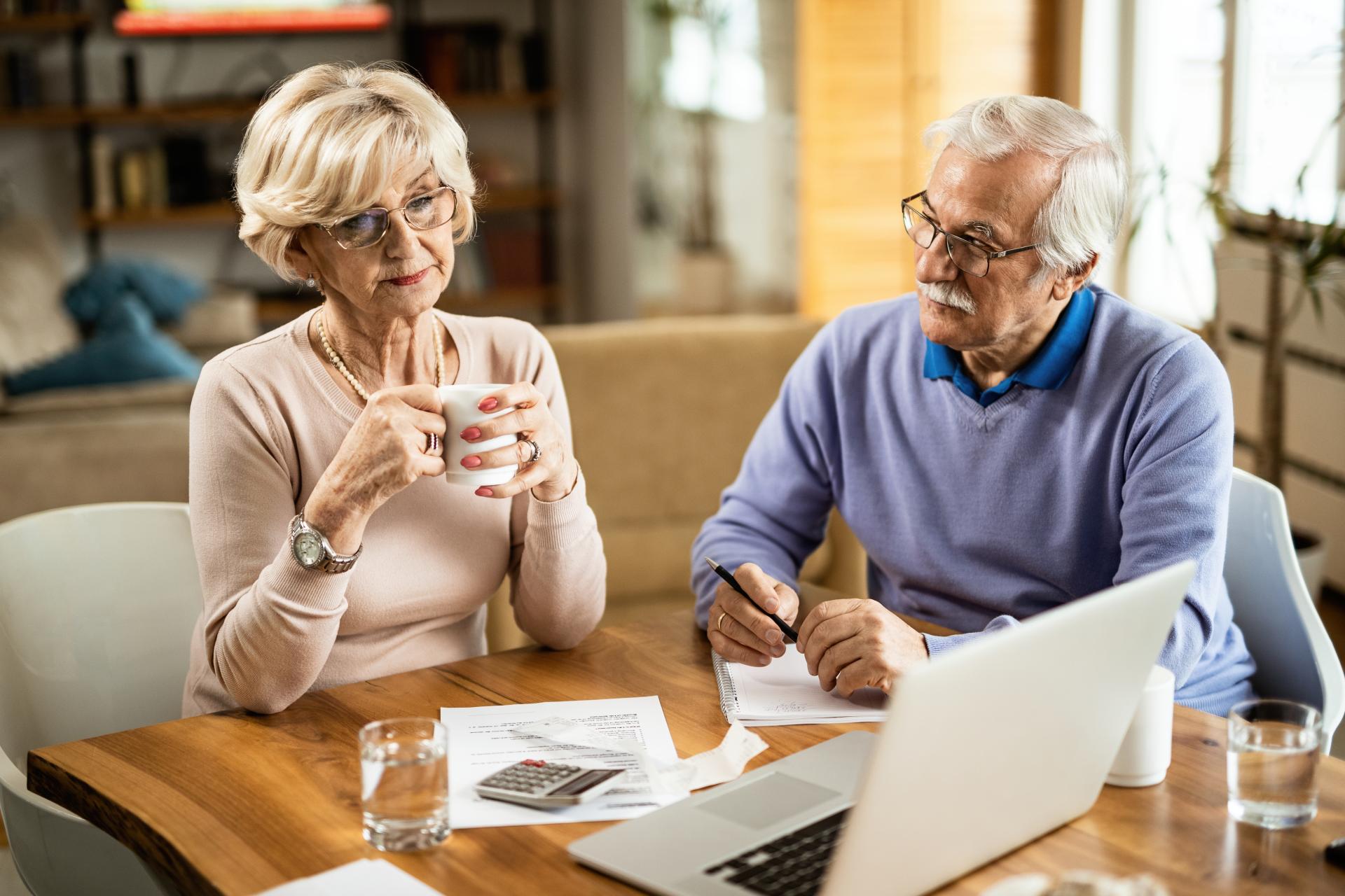 Senior couple while analyzing monthly budget home